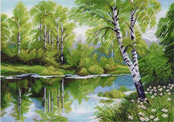 1020 Березы у озера - рисунок на канве (МП)