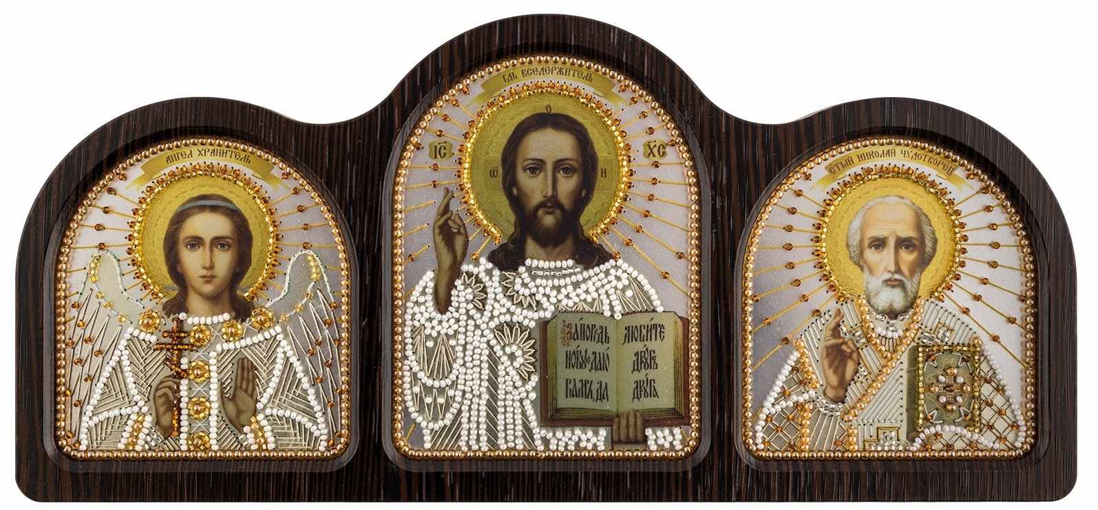 СЕ 6004 Триптих настольный серебро (Ангел Хранитель, Спаситель, Николай Чудотворец)