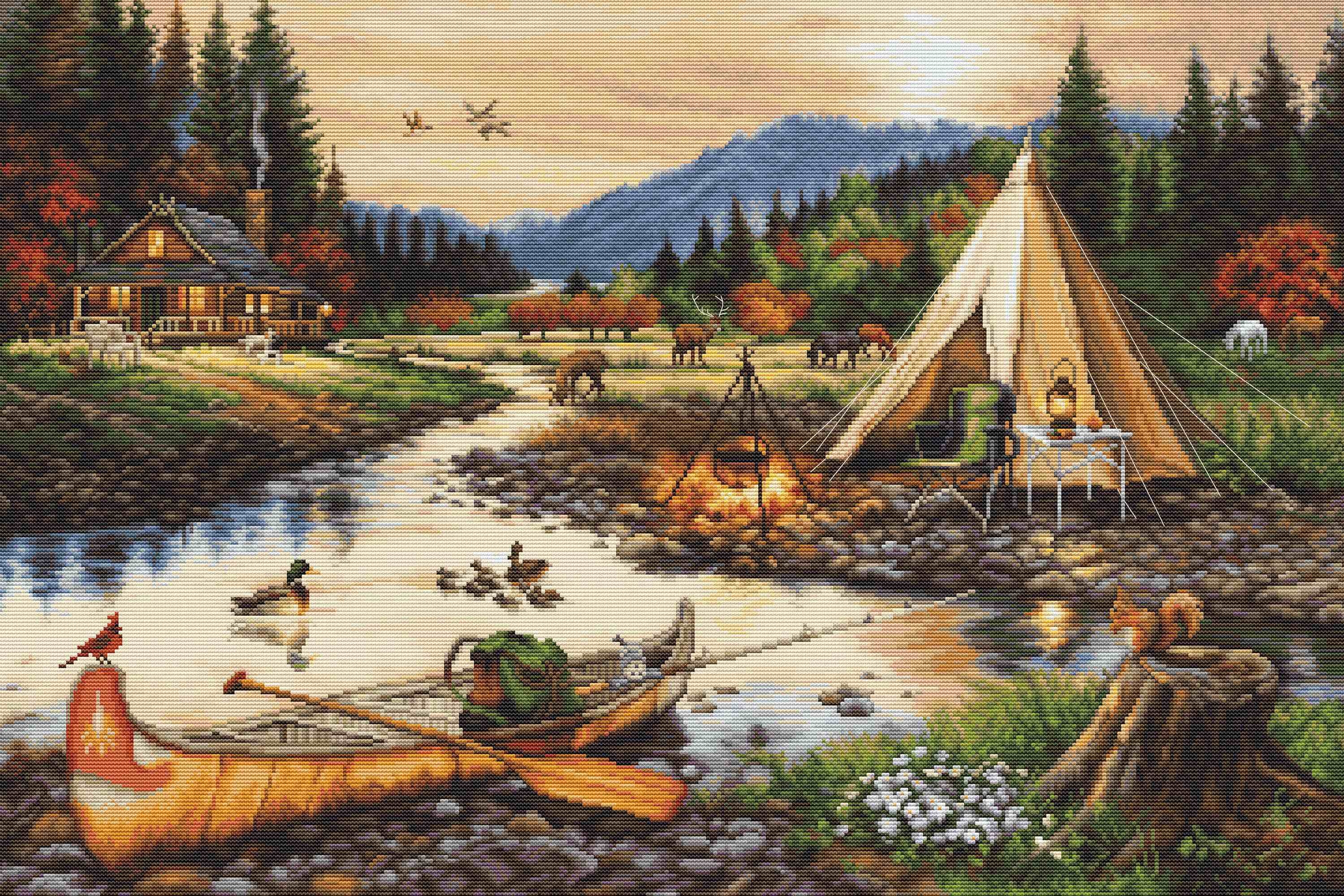 Golden creek. Вышивка крестом деревенский пейзаж. Пазлы 3000. Пейзажи для изготовления пазлов. Вышивка крестом кемпинг в горах.
